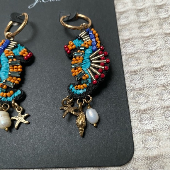 J.Crew Seahorse Charm Hoop Earrings Gold Pearl Nautical Statement NWT AP427 - Picture 5 of 8